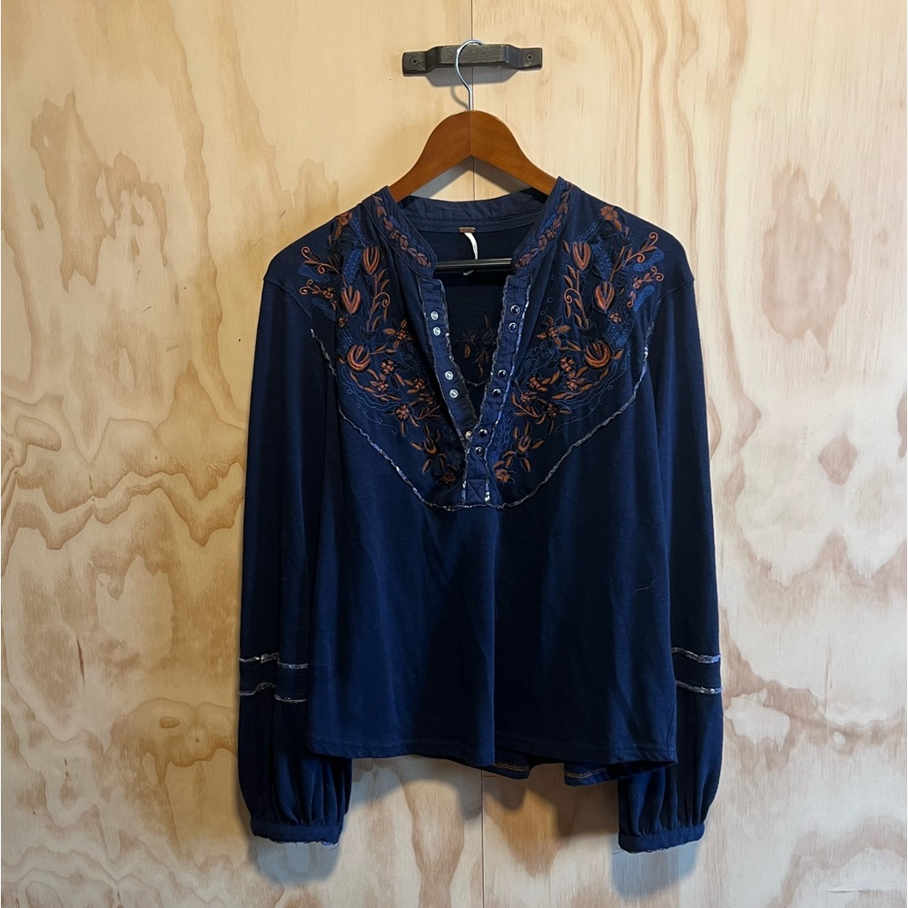 Free People Embroidered Long Sleeve L Navy